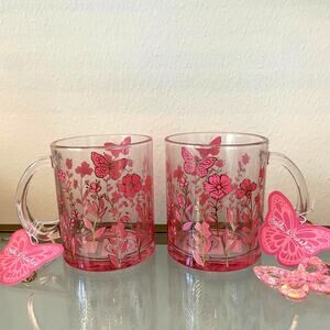 Set of 2 Pink Butterfly Floral Clear Glass Coffee Tea Mugs Gold Accents NEW